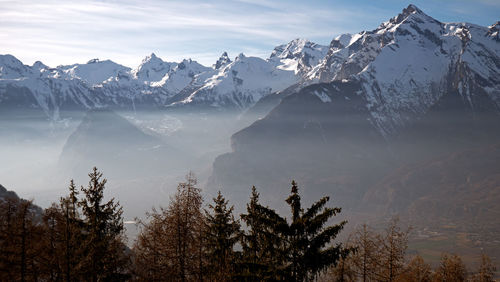 Scenic view of snowcapped mountains against sky