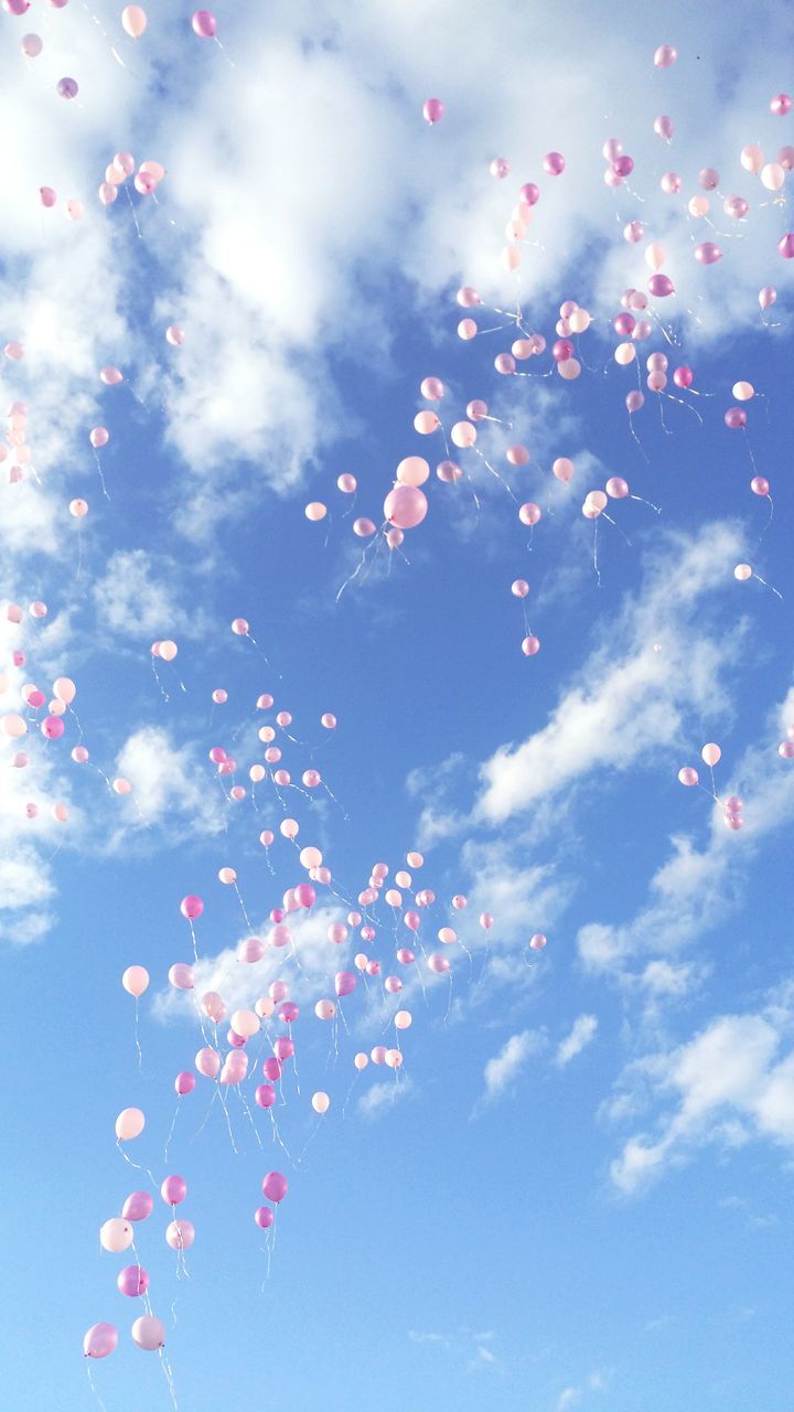 celebration, sky, low angle view, mid-air, celebration event, flying, balloon, outdoors, no people, event, motion, multi colored, blue, day, hope, nature