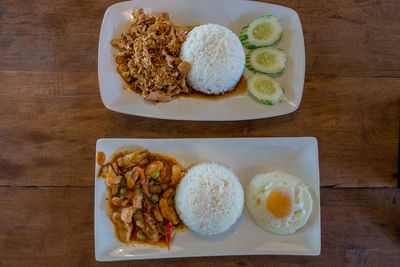 High angle view of breakfast served on table