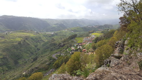 High angle view of trees on landscape against sky