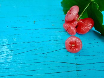 High angle view of strawberry on table