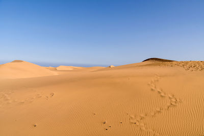 Scenic view of desert against clear blue sky