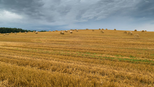 Hay bales on field against sky