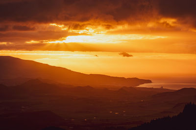 Amazing sunrise, view over the island, azores travel destination, portugal, atlantic ocean.