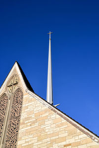 Low angle view of church building against clear blue sky