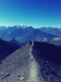 Scenic view of snowcapped mountains against clear blue sky