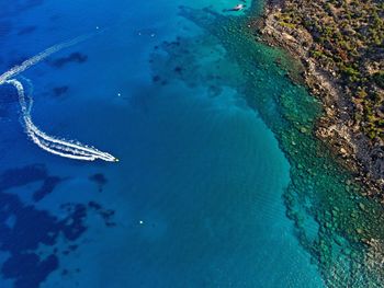 High angle view of  speedboat at konnos bay in cyprus 