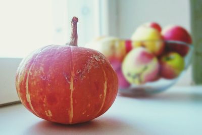 Close-up of pumpkin on table at home