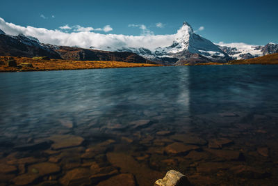 Matterhorn reflection in the lake stellisee, switzerland.