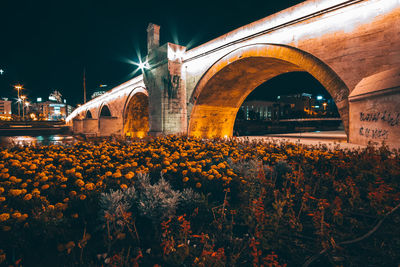 Illuminated arch bridge against sky at night
