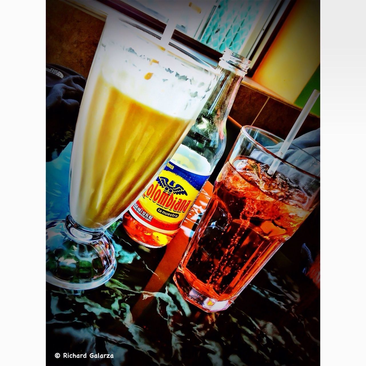 transfer print, auto post production filter, indoors, still life, table, food and drink, drink, yellow, high angle view, close-up, no people, refreshment, text, bottle, container, glass - material, drinking glass, day, freshness, selective focus