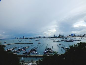 High angle view of boats in bay