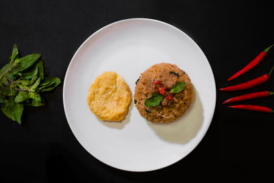 High angle view of meal served on table