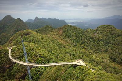 High angle view of trees on mountain against cloudy sky