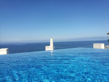 Scenic view of sea against clear blue sky