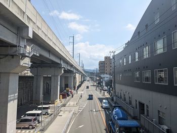 Cars on street amidst buildings in city against sky