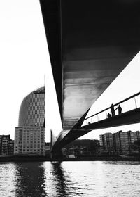 Bridge over river by buildings against sky