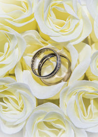 Full frame shot of yellow roses with wedding rings