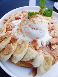 High angle view of dessert served on table