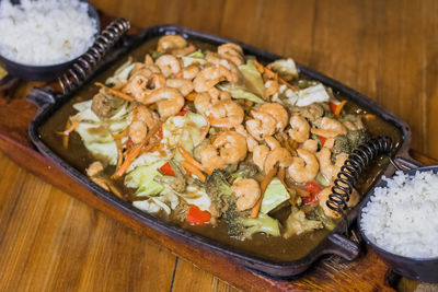 High angle view of food in bowl on table