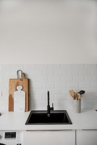 High angle view of sink at kitchen