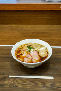 High angle view of soup in bowl on table