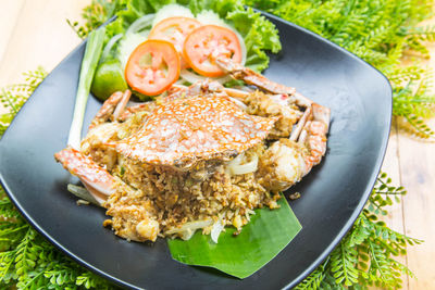 High angle view of breakfast served on table