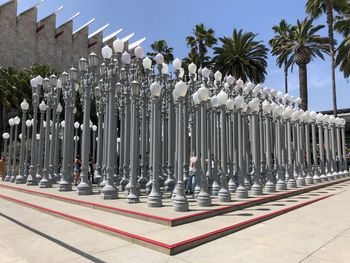 Row of palm trees against clear sky