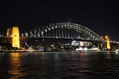 Illuminated bridge over river at night