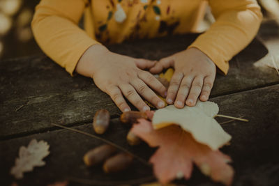 Close-up of hand holding leaf on table