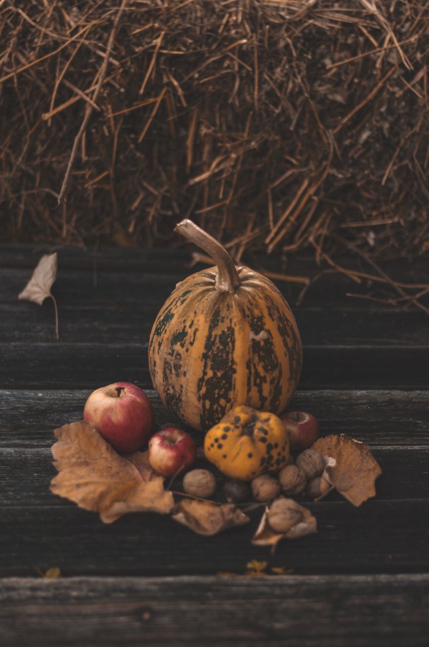 CLOSE-UP OF PUMPKINS ON WOOD