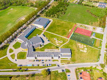 High angle view of buildings in city