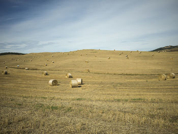 Hay bales on field against sky