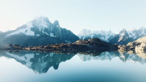 Reflection of snowcapped mountains and lake against sky
