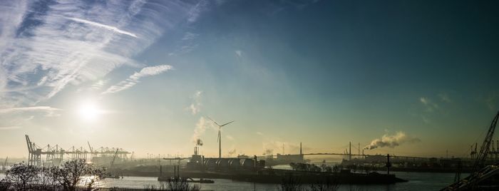 Panoramic view of harbor against sky during sunset