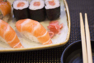 Close-up of sushi served in plate