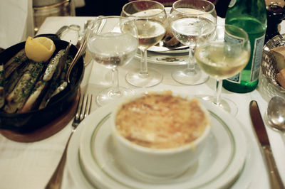 High angle view of food served on table in restaurant