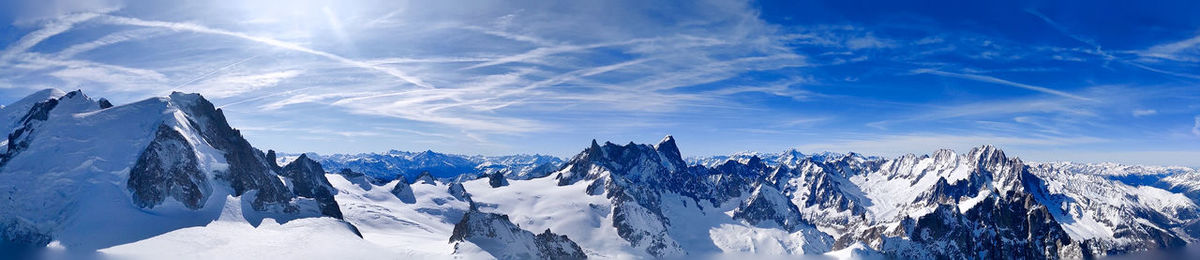 Panoramic view of snowcapped mountains against sky