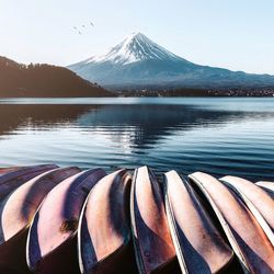 Scenic view of lake by mountains against sky