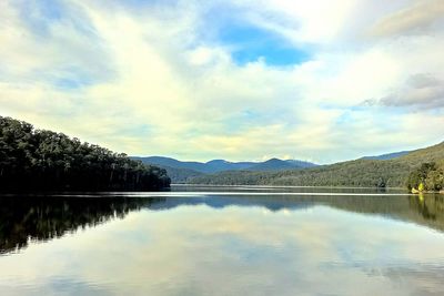 Scenic view of lake against sky at sunset