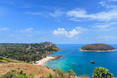 Clear blue andaman sea from windmill view point near laem promthep cape, phuket, thailand