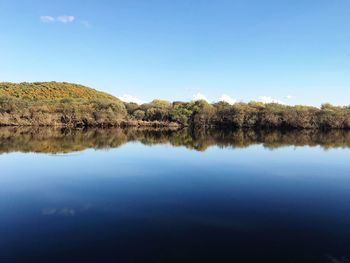 Scenic view of lake against blue sky