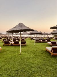 Chairs on beach against clear sky