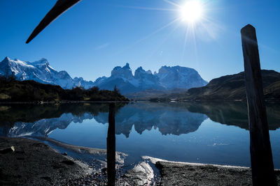 Scenic view of lake by mountains against sky