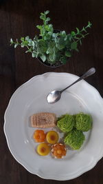 High angle view of breakfast served on table