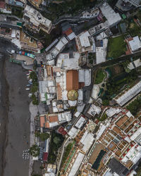 Aerial view of positano cathedral in downtown near the beach in wintertime, amalfi coast, salerno