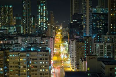 Illuminated buildings in city at night