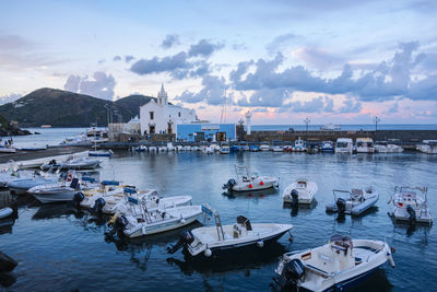 High angle view of boats moored in harbor