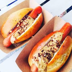 Close-up of hot dog on table