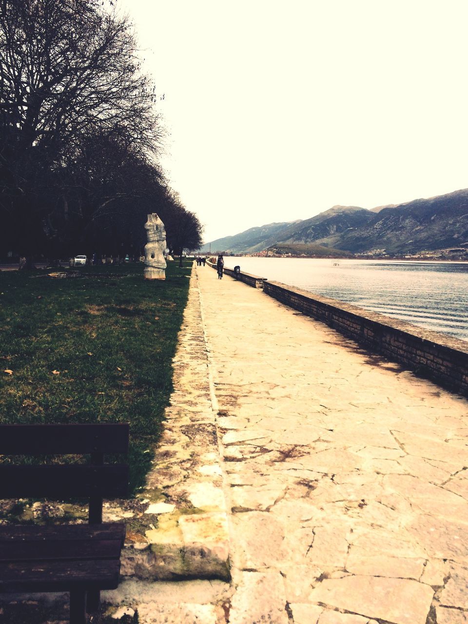 the way forward, clear sky, diminishing perspective, tranquil scene, tranquility, water, footpath, vanishing point, copy space, railing, walkway, nature, scenics, long, pathway, leading, sky, beauty in nature, built structure, narrow